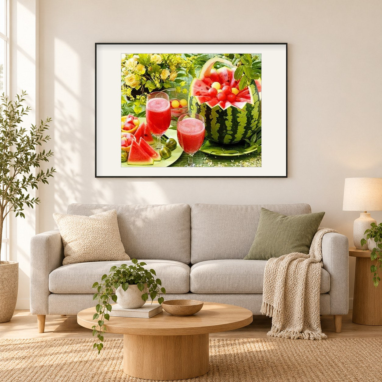 Wassermelonensaft als gerahmtes Diamond Painting im Wohnzimmer