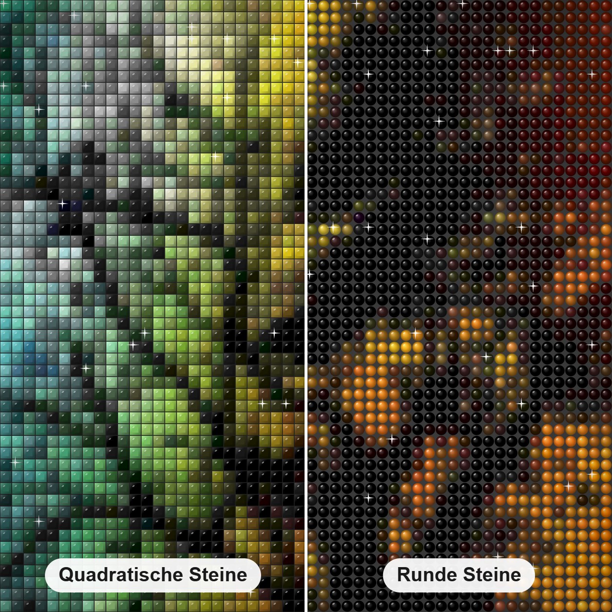 Wechsel von Tag und Nacht Diamond Painting Nahaufnahme mit quadratischen und runden Steinen