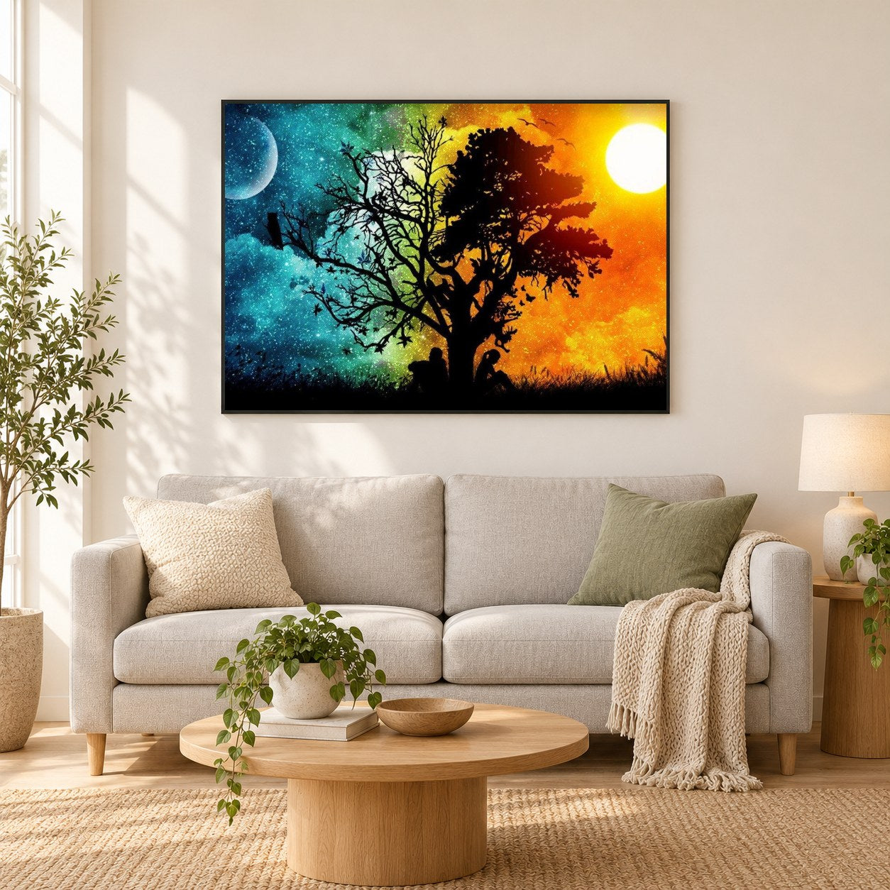 Wechsel von Tag und Nacht als gerahmtes Diamond Painting im Wohnzimmer