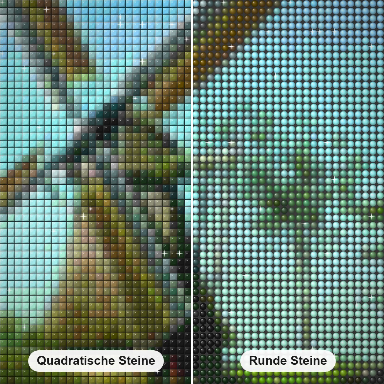 Weidende Kühe & Windmühlenmalerei Diamond Painting Nahaufnahme mit quadratischen und runden Steinen