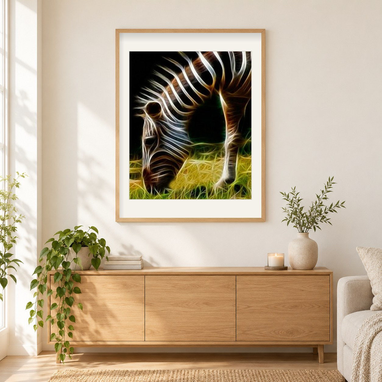 Weidendes Zebra - Diamant Art Kit als gerahmtes Diamond Painting im Wohnzimmer