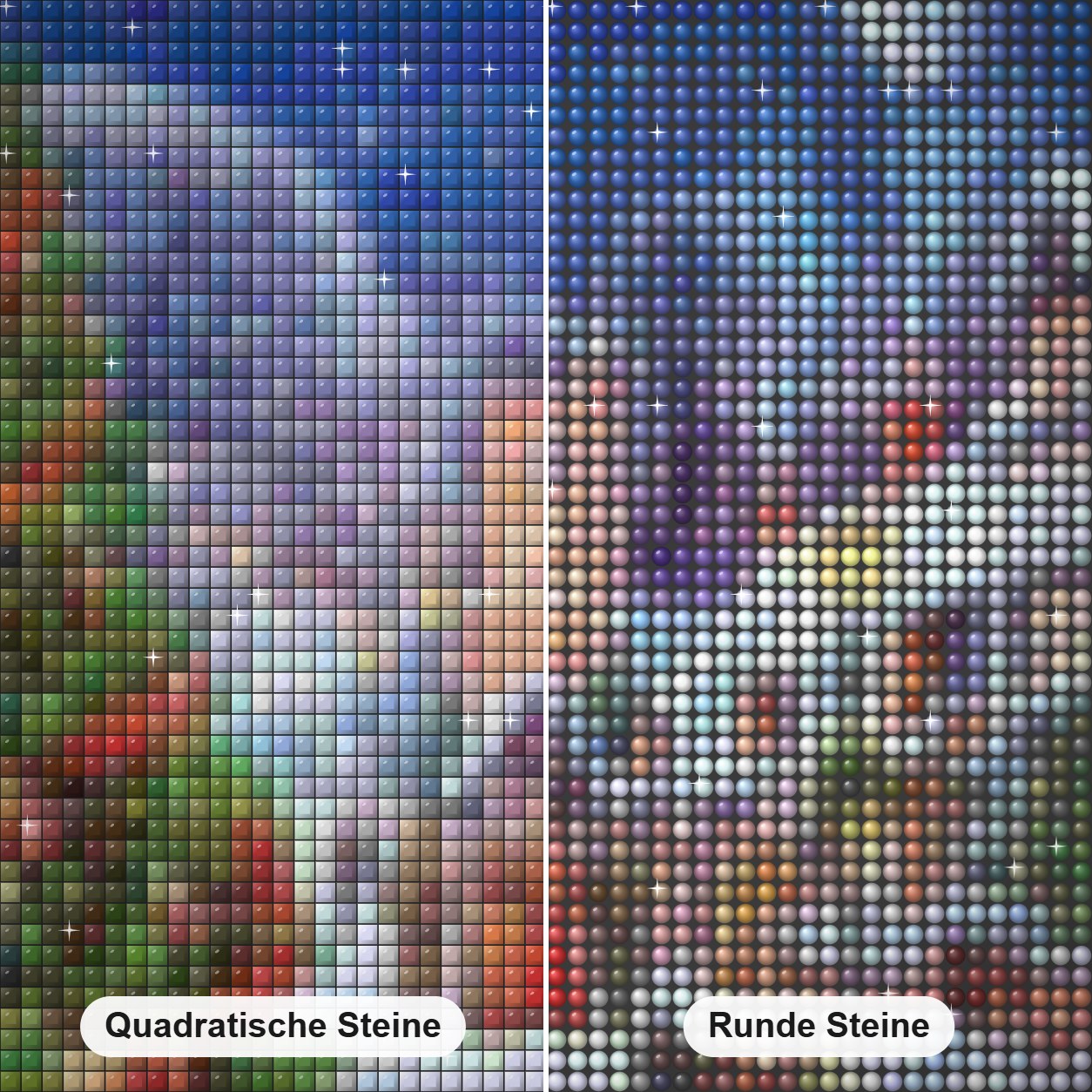 Weihnachtsbaum im Städtchen Diamond Painting Nahaufnahme mit quadratischen und runden Steinen