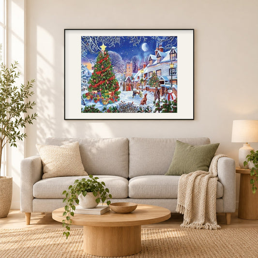 Weihnachtsbaum im Städtchen als gerahmtes Diamond Painting im Wohnzimmer