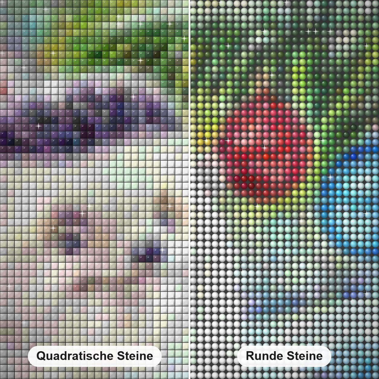 Weihnachtsigel Diamond Painting Nahaufnahme mit quadratischen und runden Steinen