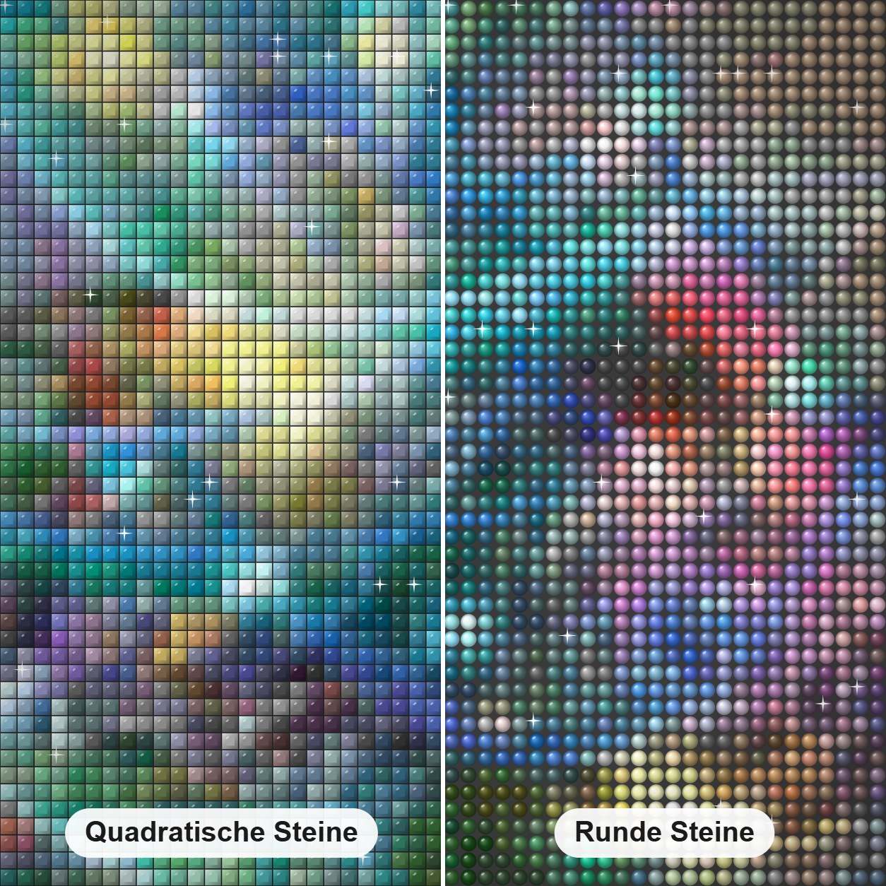 Weihnachtsbaum Diamond Painting Nahaufnahme mit quadratischen und runden Steinen