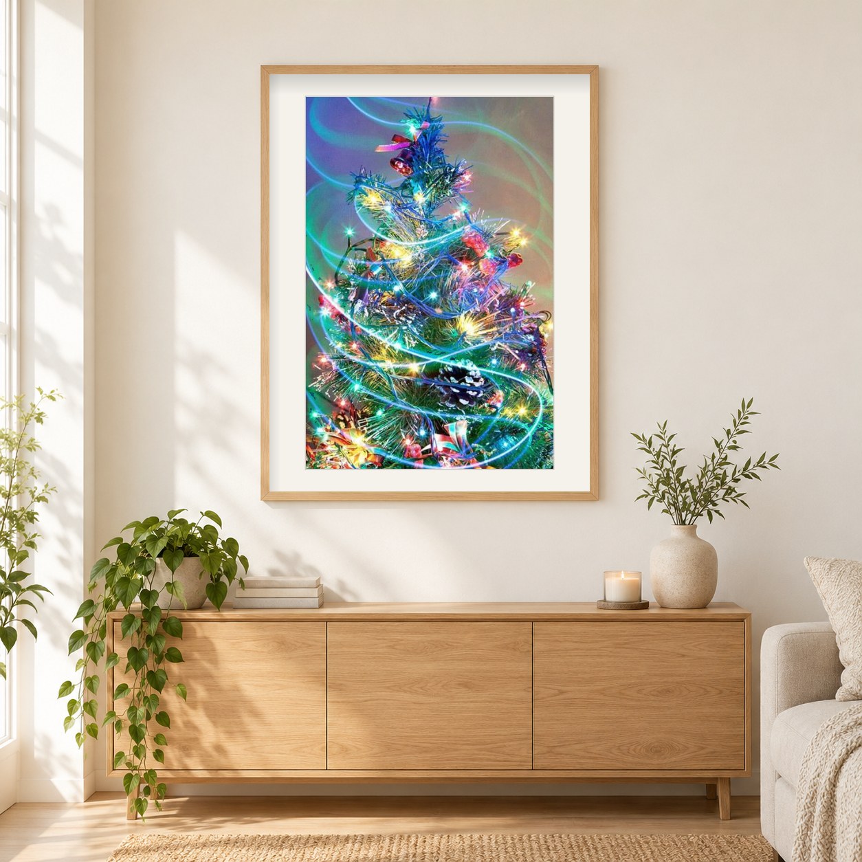 Weihnachtsbaum als gerahmtes Diamond Painting im Wohnzimmer