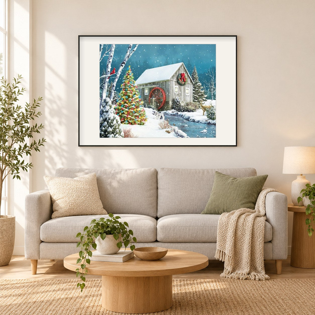 Weihnachtsbaum & Winterhütte als gerahmtes Diamond Painting im Wohnzimmer