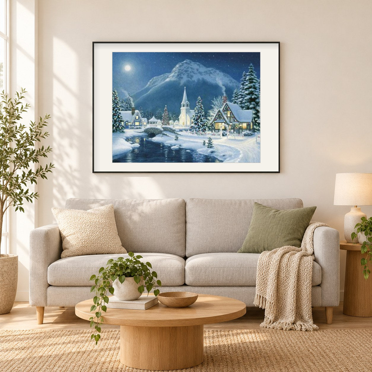 Weihnachtsdorf als gerahmtes Diamond Painting im Wohnzimmer