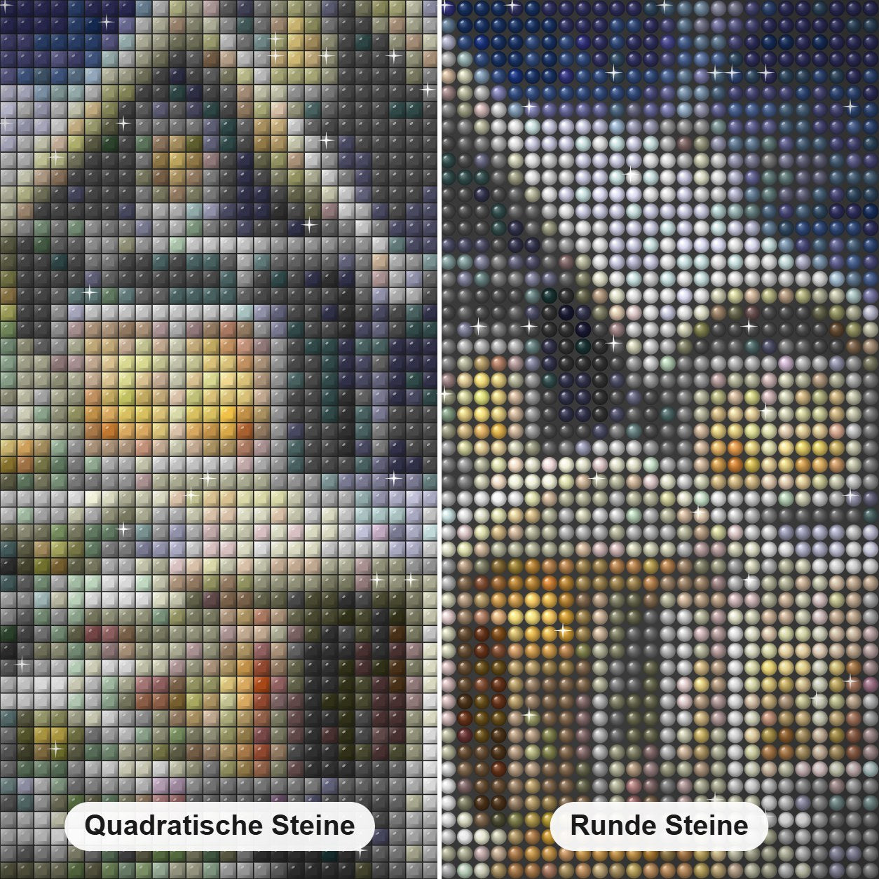 Weihnachtshaus Diamond Painting Nahaufnahme mit quadratischen und runden Steinen