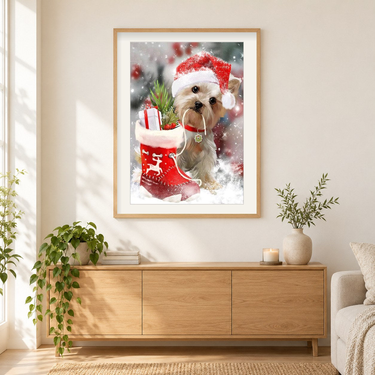 Weihnachtshund als gerahmtes Diamond Painting im Wohnzimmer