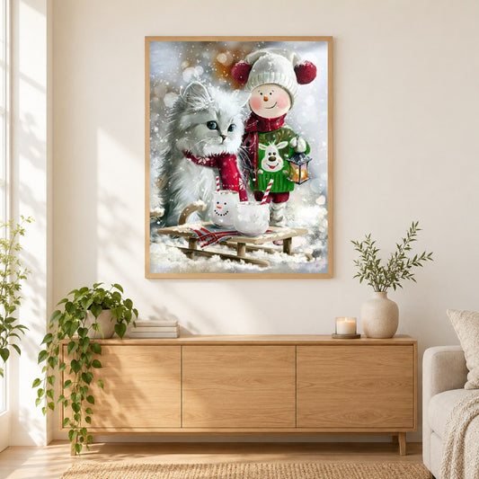 Weihnachtskind & entzückende Katze als gerahmtes Diamond Painting im Wohnzimmer