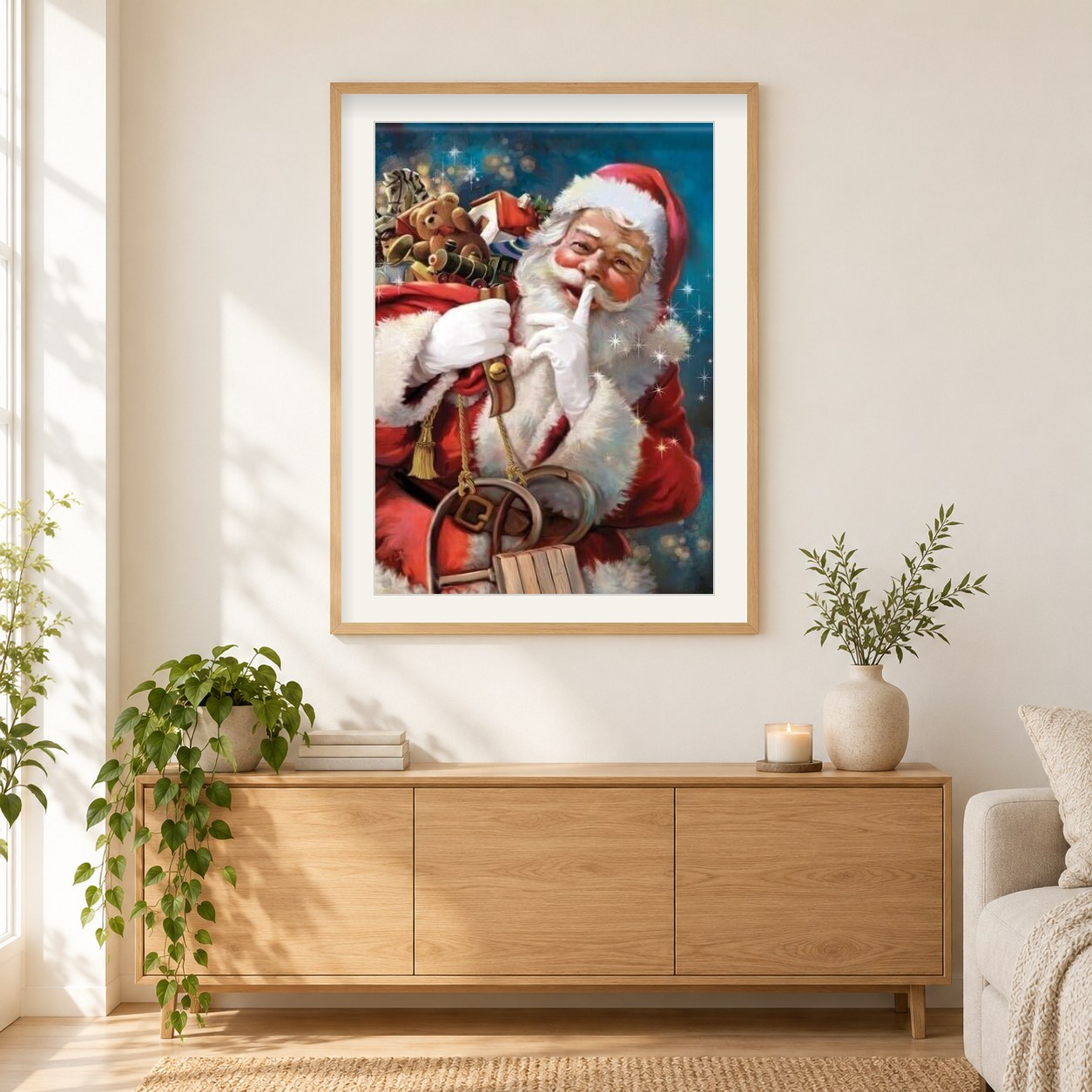Weihnachtsmann an Weihnachten als gerahmtes Diamond Painting im Wohnzimmer
