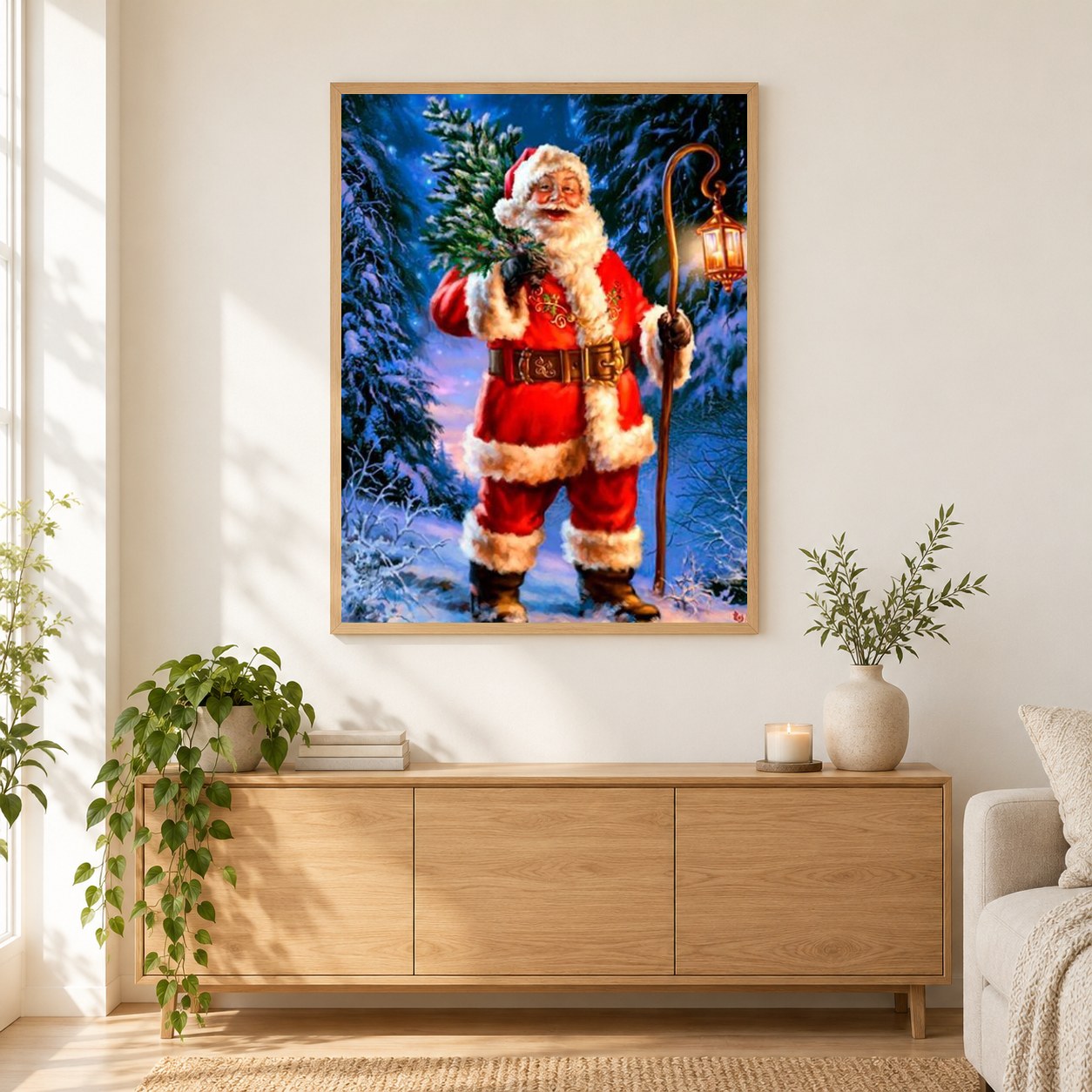 Weihnachtsmann, der Weihnachtsbaum trägt als gerahmtes Diamond Painting im Wohnzimmer