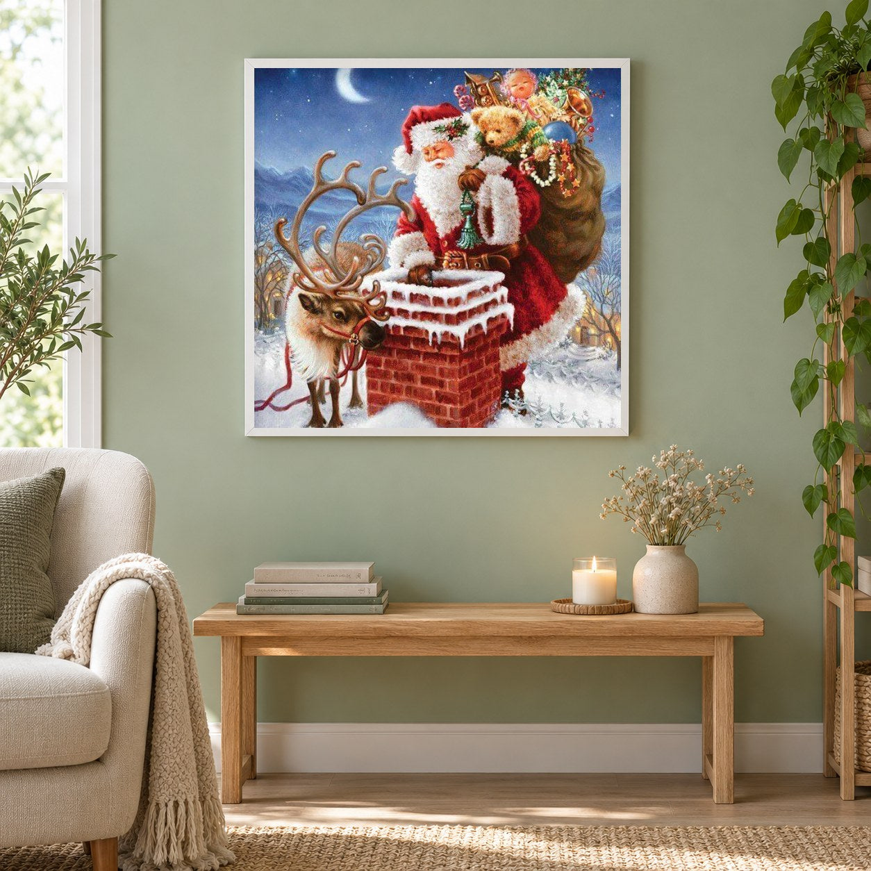 Weihnachtsmann gibt Weihnachtsgeschenke als gerahmtes Diamond Painting im Wohnzimmer