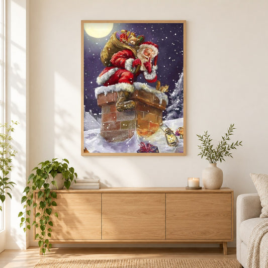 Weihnachtsmann in der Weihnachtsnacht als gerahmtes Diamond Painting im Wohnzimmer