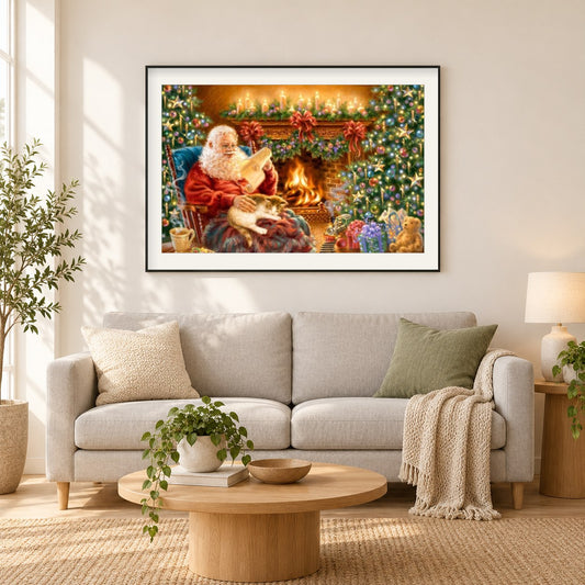 Weihnachtsmann mit Katze als gerahmtes Diamond Painting im Wohnzimmer