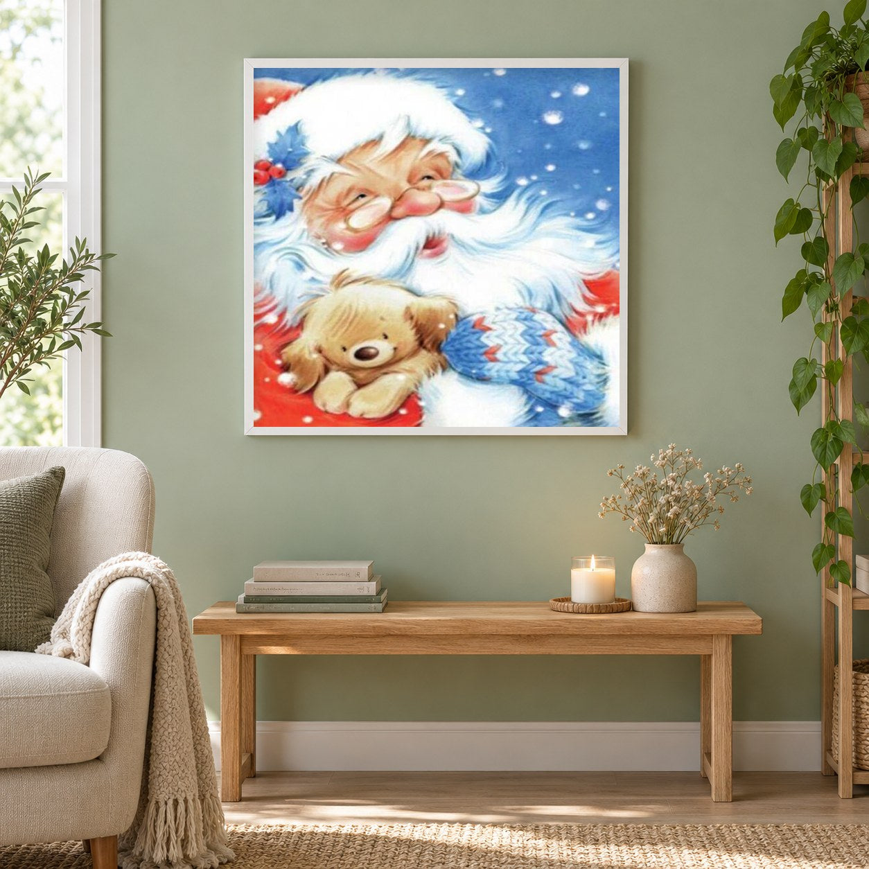 Weihnachtsmann mit kleinem Welpen als gerahmtes Diamond Painting im Wohnzimmer