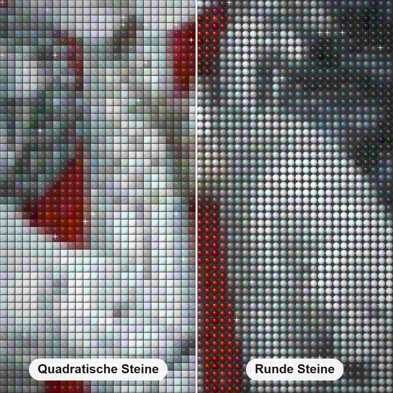 Weihnachtsmann mit Tieren & Eule Diamond Painting Nahaufnahme mit quadratischen und runden Steinen