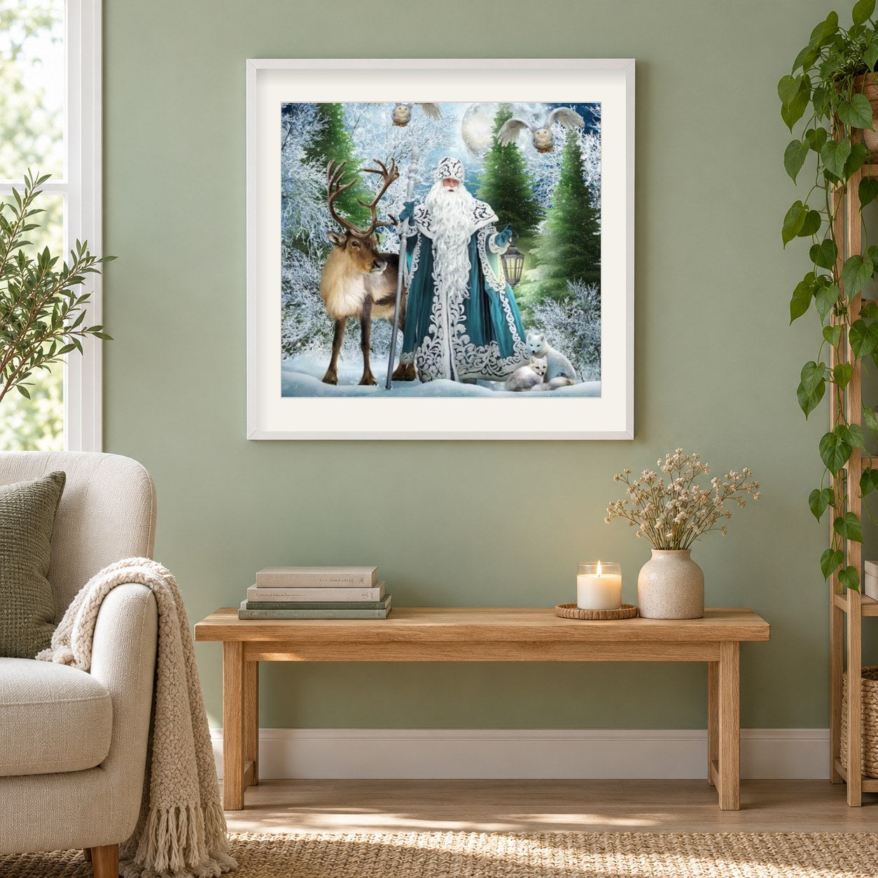 Weihnachtsmann & Tiere als gerahmtes Diamond Painting im Wohnzimmer