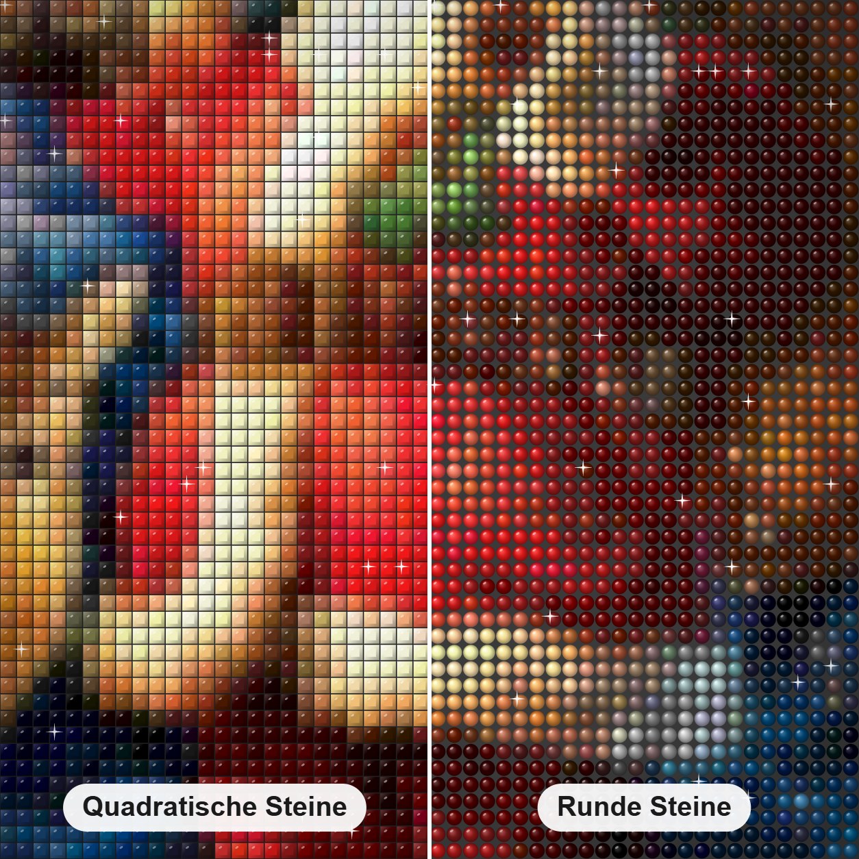 Weihnachtsmann verteilt Weihnachtsgeschenke Diamond Painting Nahaufnahme mit quadratischen und runden Steinen