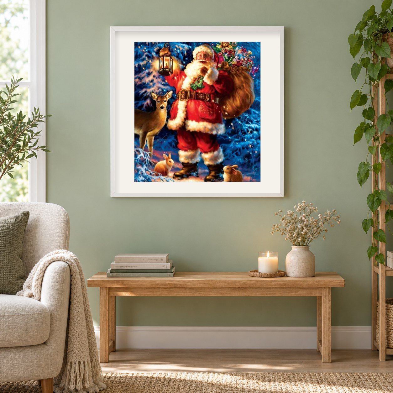 Weihnachtsmann verteilt Weihnachtsgeschenke als gerahmtes Diamond Painting im Wohnzimmer