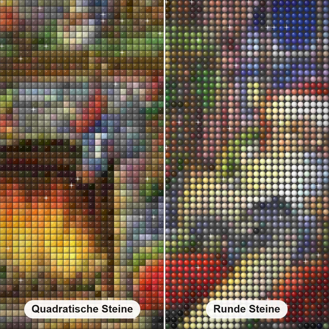 Weihnachtsmann & Weihnachtsbaum Diamond Painting Nahaufnahme mit quadratischen und runden Steinen