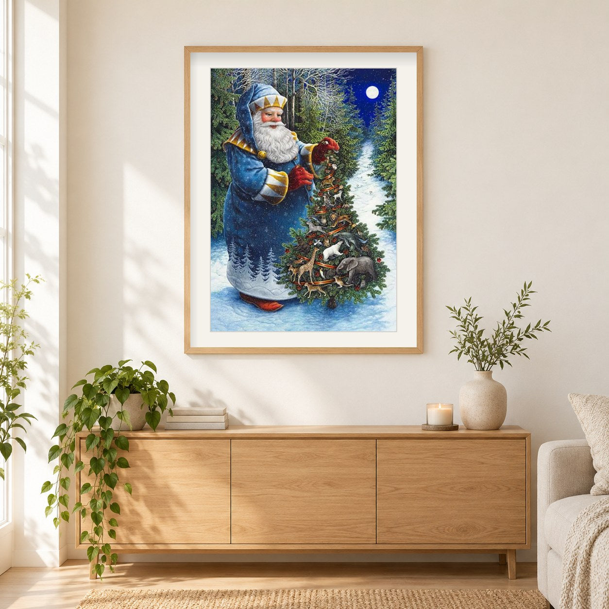 Weihnachtsmann Weihnachtsbaum als gerahmtes Diamond Painting im Wohnzimmer