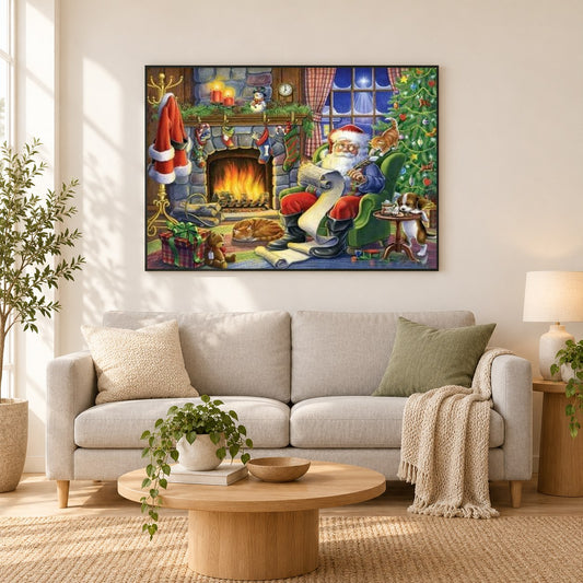 Weihnachtsmann & Weihnachtsbaum als gerahmtes Diamond Painting im Wohnzimmer