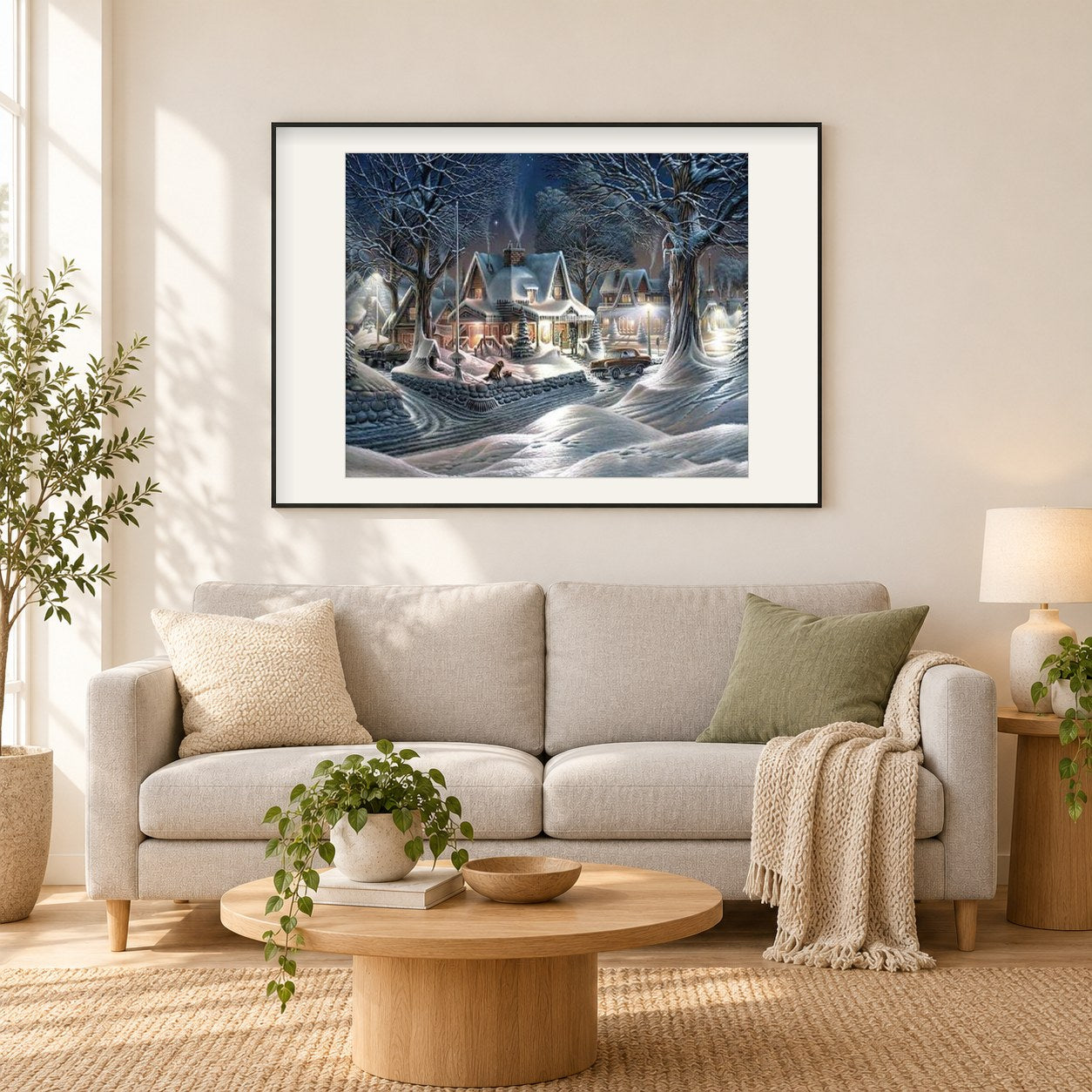 Weihnachtszeit Schneeszene. als gerahmtes Diamond Painting im Wohnzimmer