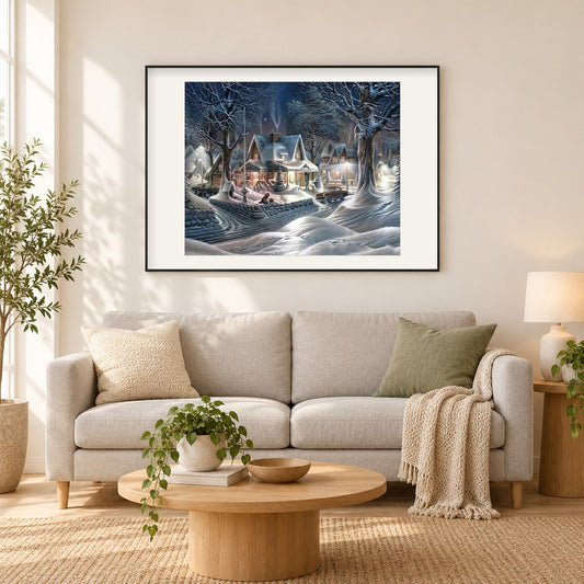 Weihnachtszeit Schneeszene. als gerahmtes Diamond Painting im Wohnzimmer