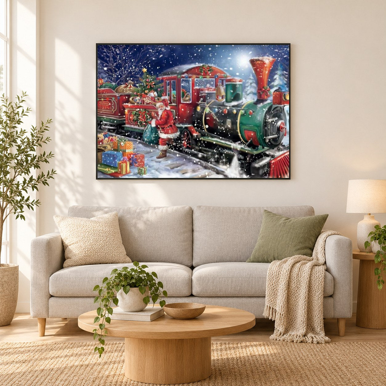 Weihnachtszug als gerahmtes Diamond Painting im Wohnzimmer
