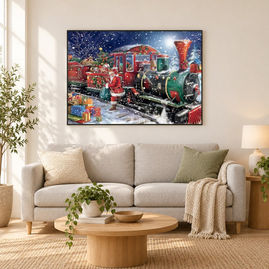 Weihnachtszug als gerahmtes Diamond Painting im Wohnzimmer