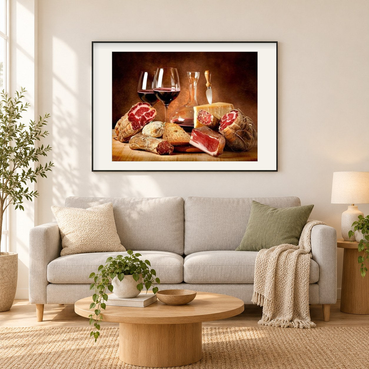 Wein-, Rindfleisch- und Brot als gerahmtes Diamond Painting im Wohnzimmer