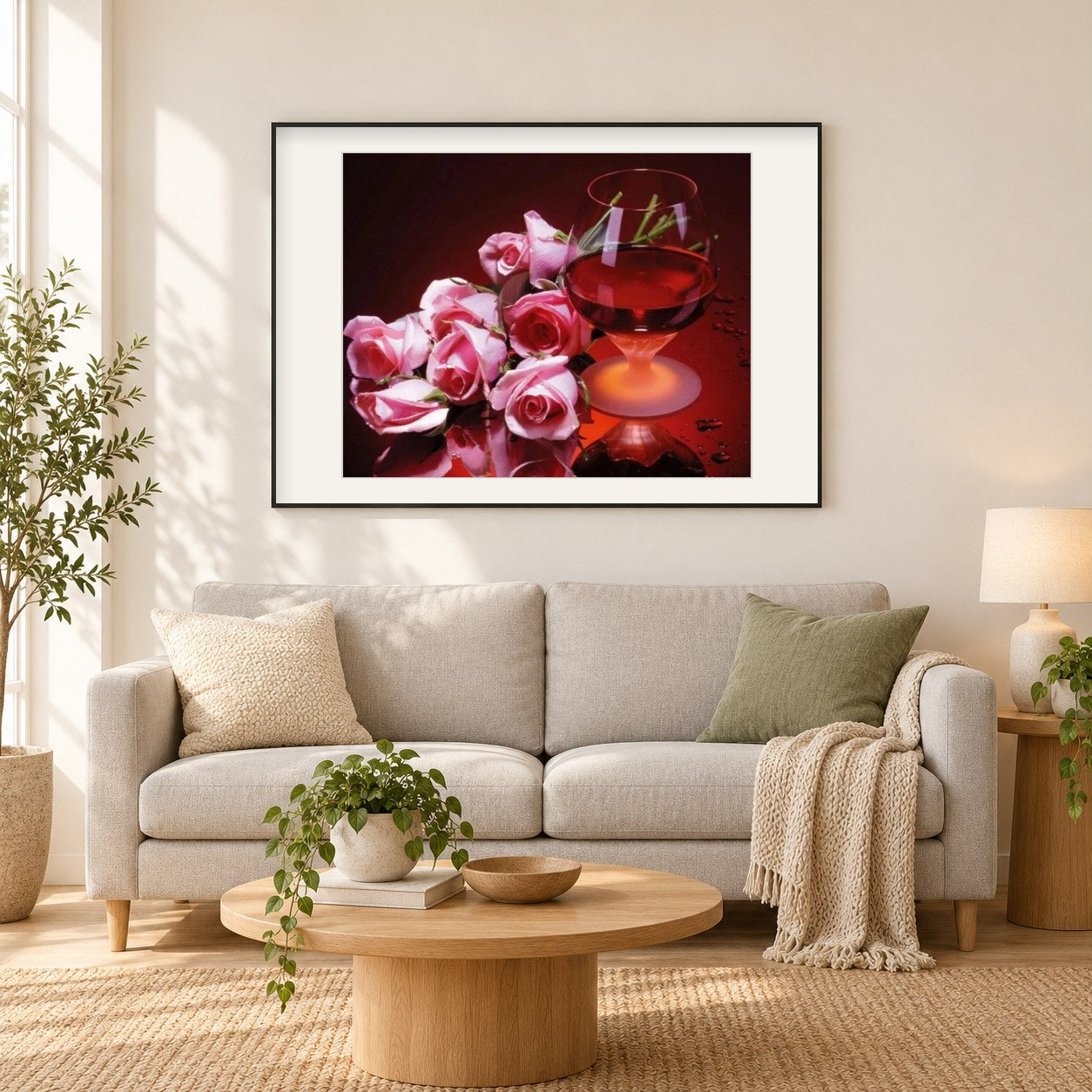 Wein & Rosen als gerahmtes Diamond Painting im Wohnzimmer