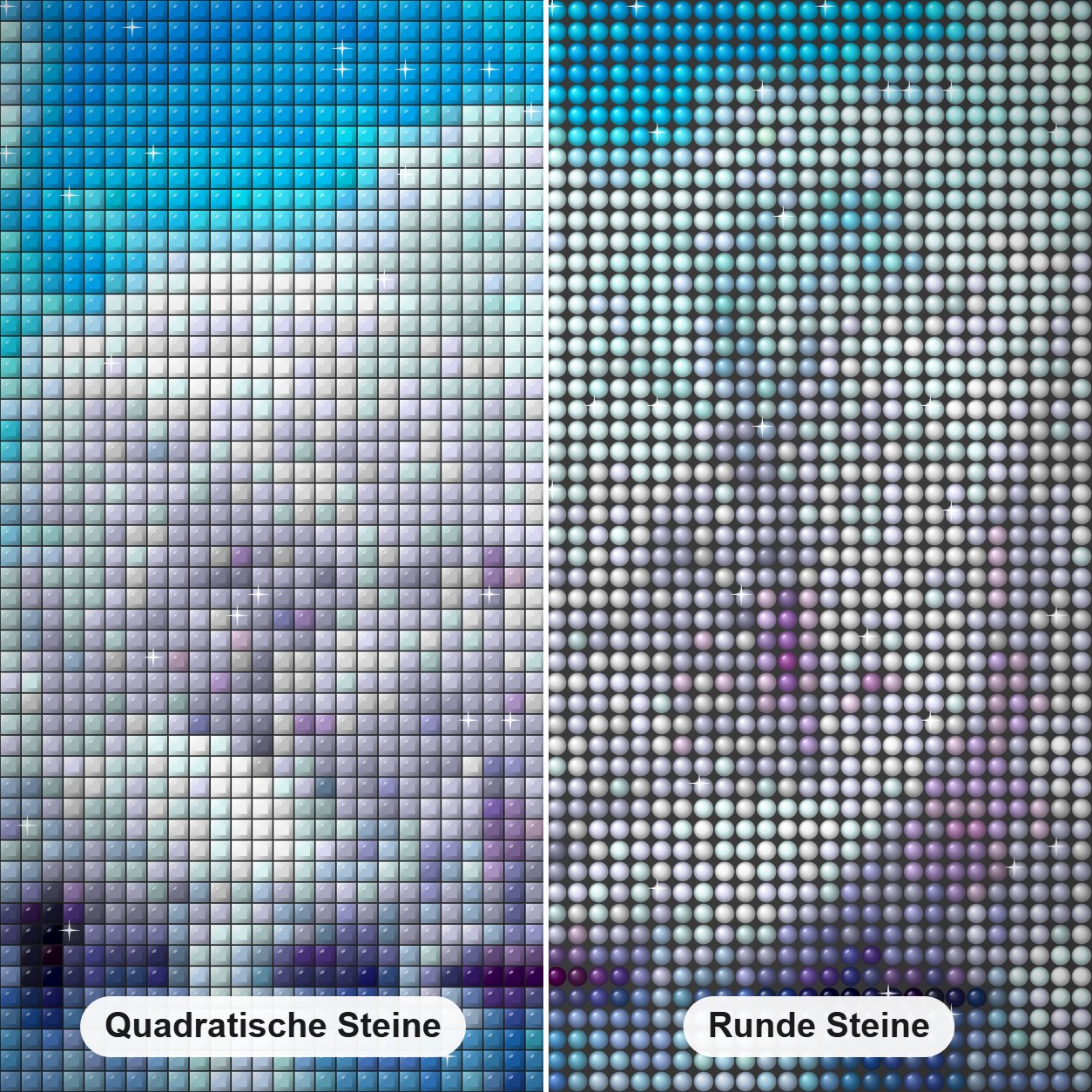 Weiße Bäume am See Diamond Painting Nahaufnahme mit quadratischen und runden Steinen