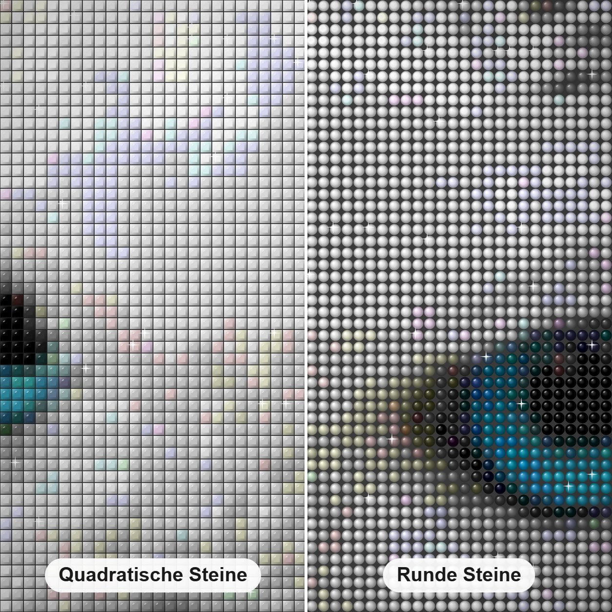 Weiße Eule mit blauen Augen Diamond Painting Nahaufnahme mit quadratischen und runden Steinen