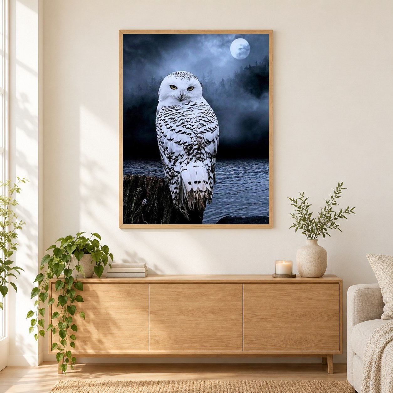 Weiße Eule schaut nacht als gerahmtes Diamond Painting im Wohnzimmer