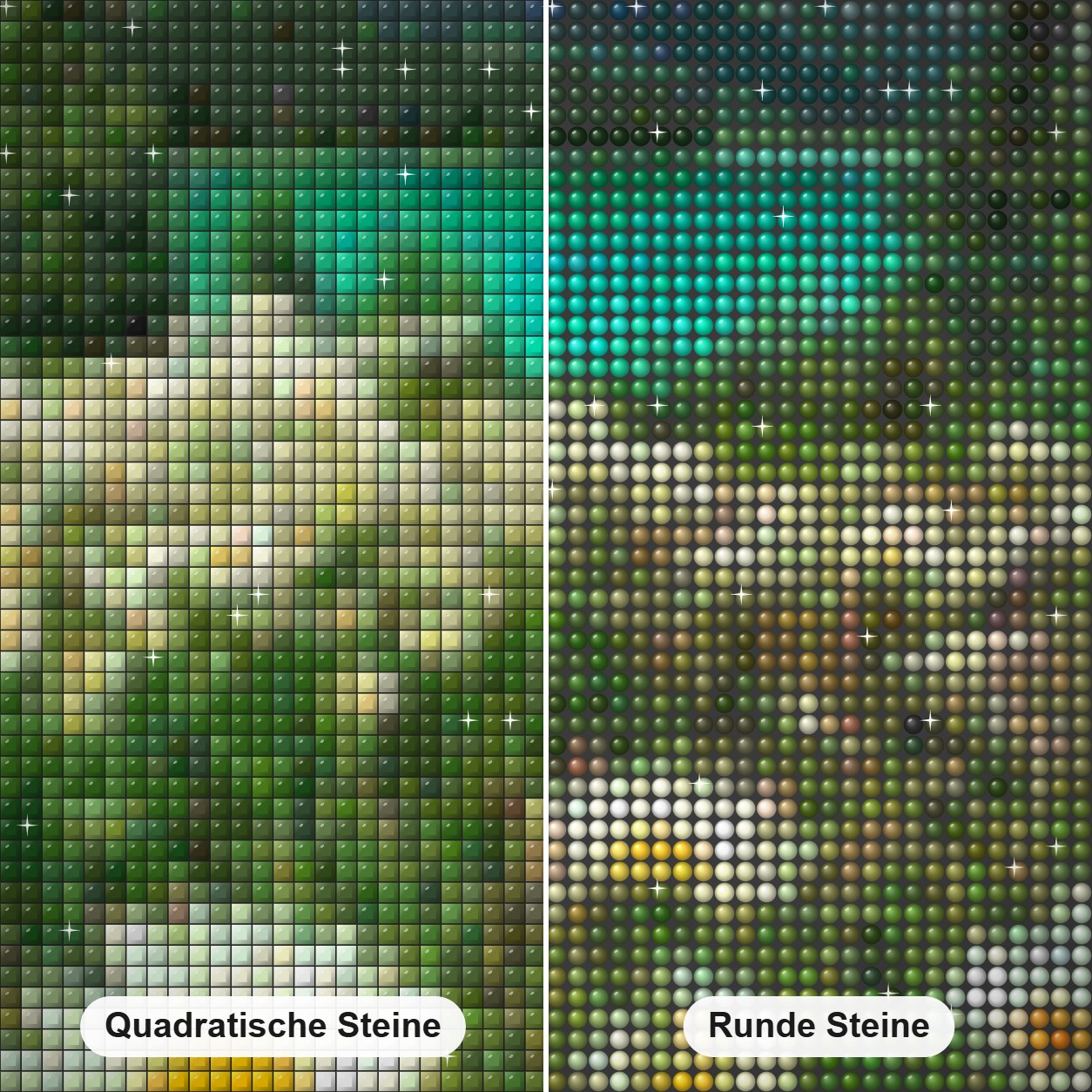 Weiße Gänseblümchen & Blick auf die Berge Diamond Painting Nahaufnahme mit quadratischen und runden Steinen
