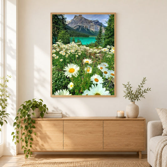 Weiße Gänseblümchen & Blick auf die Berge als gerahmtes Diamond Painting im Wohnzimmer