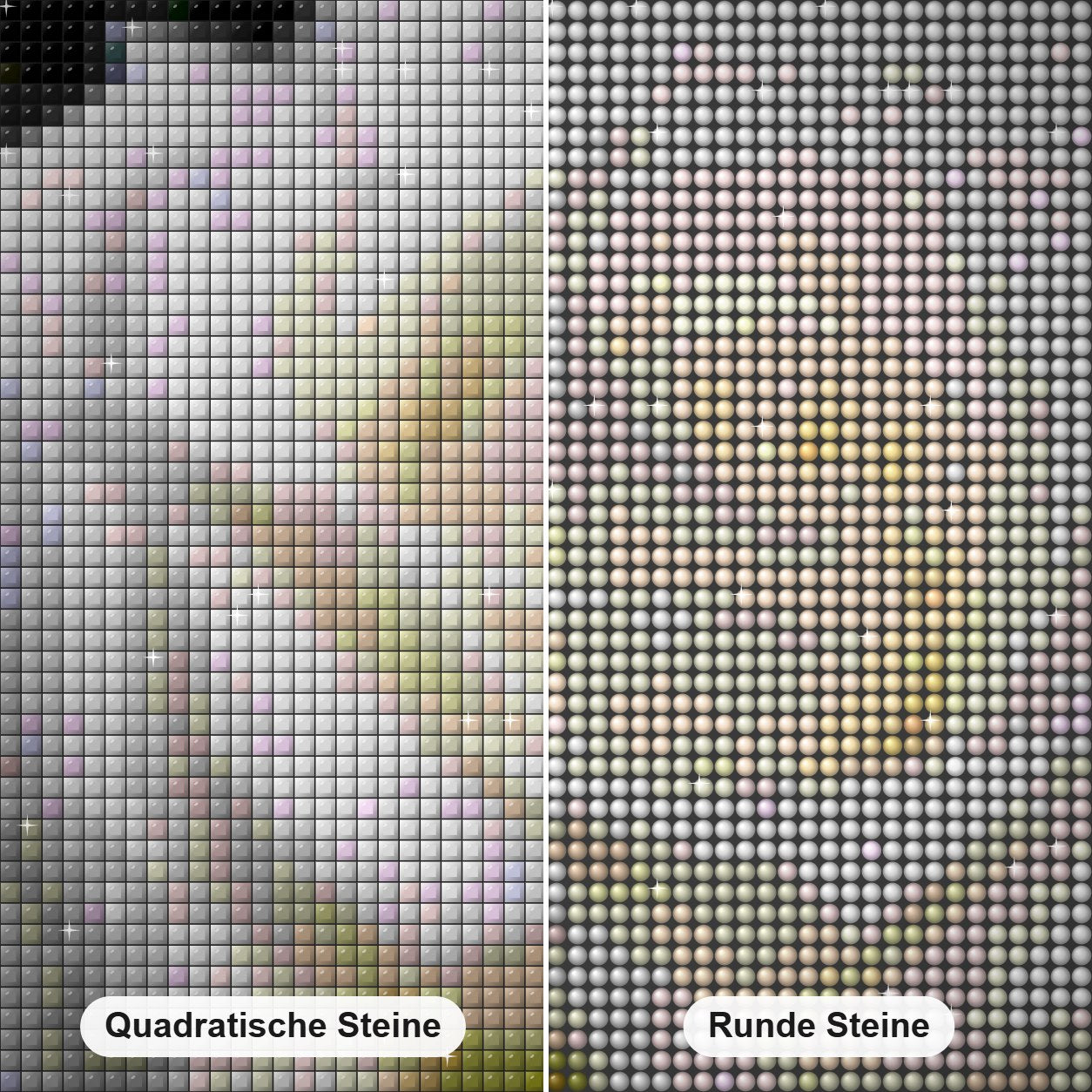 Weiße Rose mit Tautropfen Diamond Painting Nahaufnahme mit quadratischen und runden Steinen