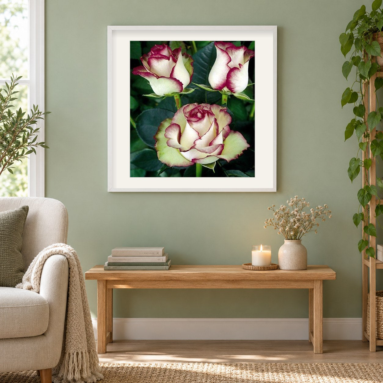 Weiße Rosen mit roten Spitzen als gerahmtes Diamond Painting im Wohnzimmer