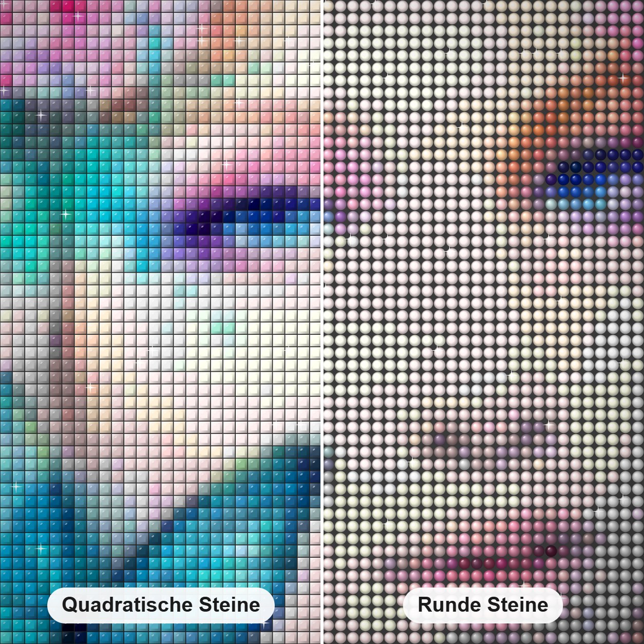 Weiße Schönheit Diamond Painting Nahaufnahme mit quadratischen und runden Steinen