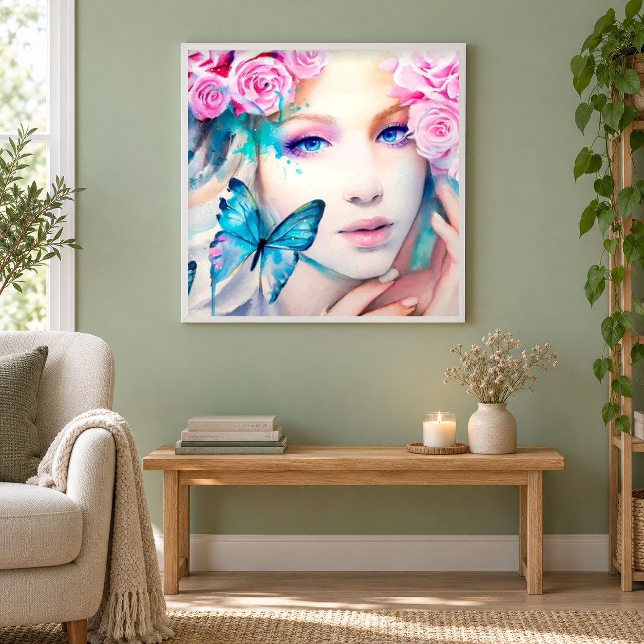 Weiße Schönheit als gerahmtes Diamond Painting im Wohnzimmer