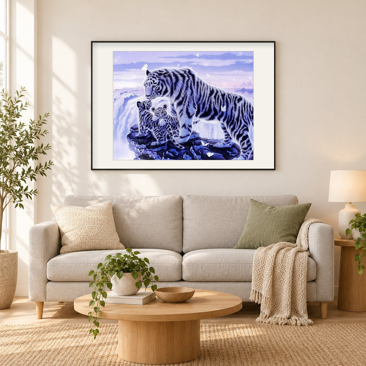 weiße Tiger als gerahmtes Diamond Painting im Wohnzimmer