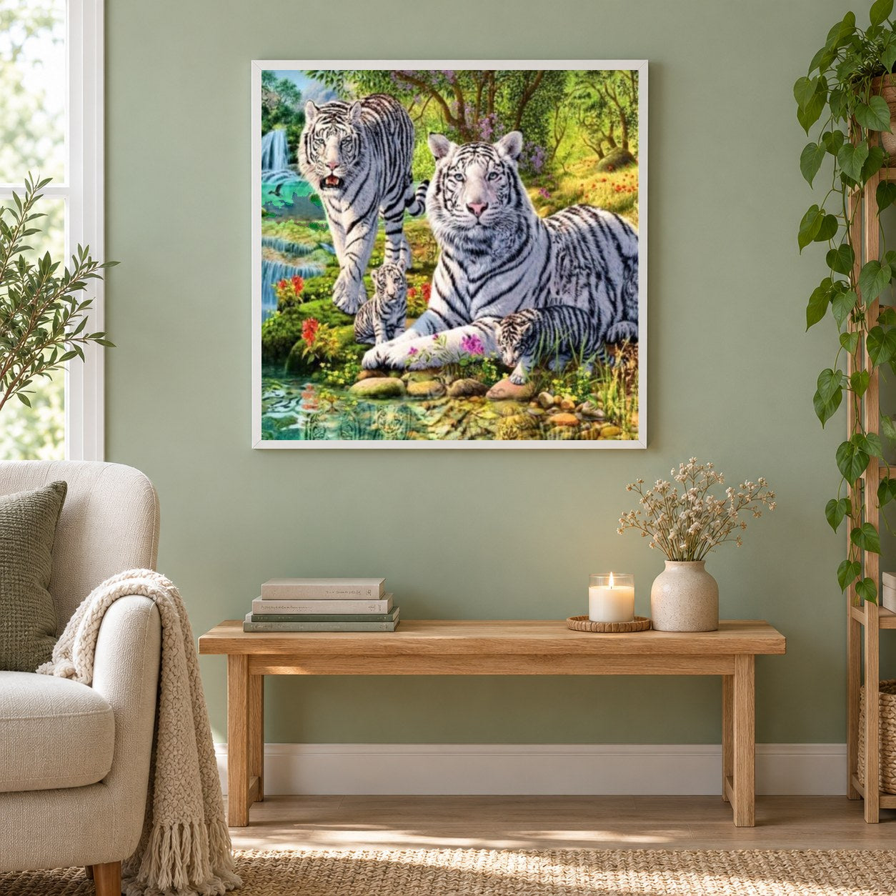 Weiße Tiger und  Jungen als gerahmtes Diamond Painting im Wohnzimmer