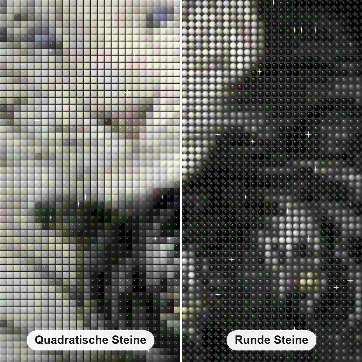 Weiße und schwarze Tiger Diamond Painting Nahaufnahme mit quadratischen und runden Steinen