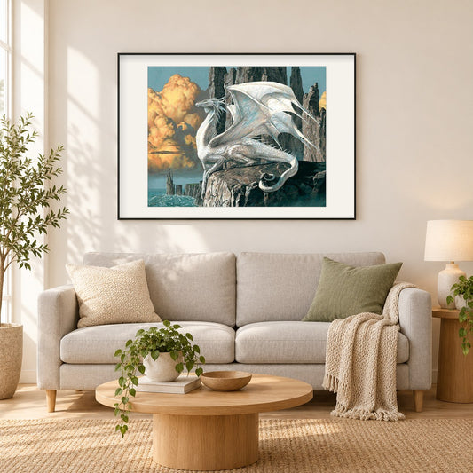 Weißer Drache als gerahmtes Diamond Painting im Wohnzimmer