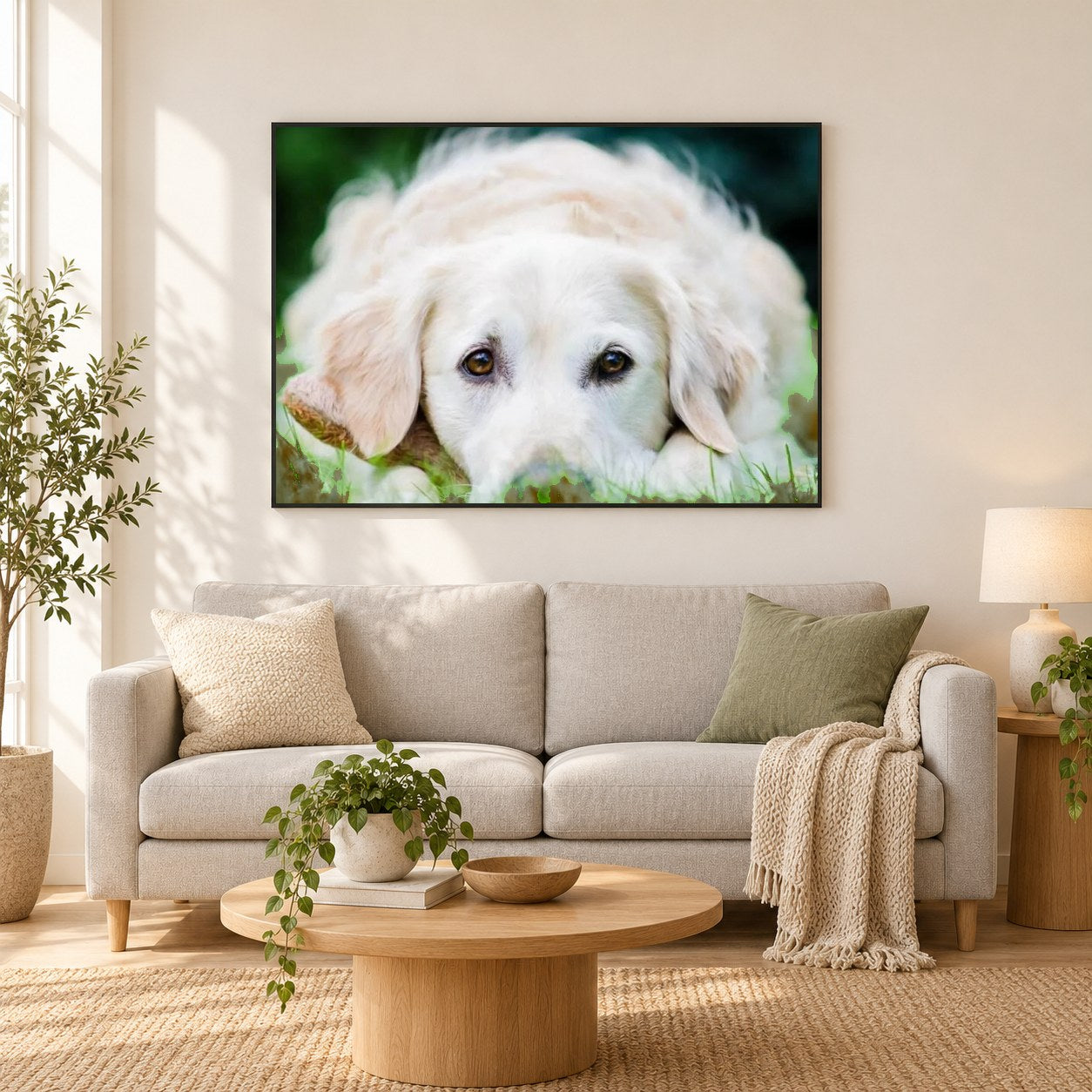 Weißer Golden Retriever Welpe als gerahmtes Diamond Painting im Wohnzimmer