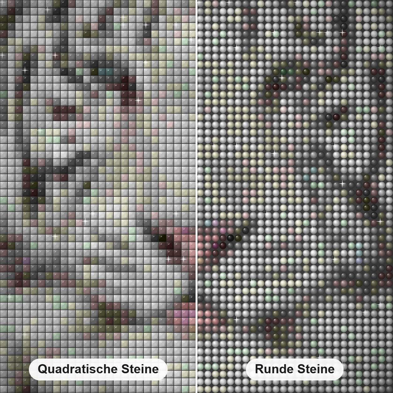 Weißer Tiger im Schnee Diamond Painting Nahaufnahme mit quadratischen und runden Steinen