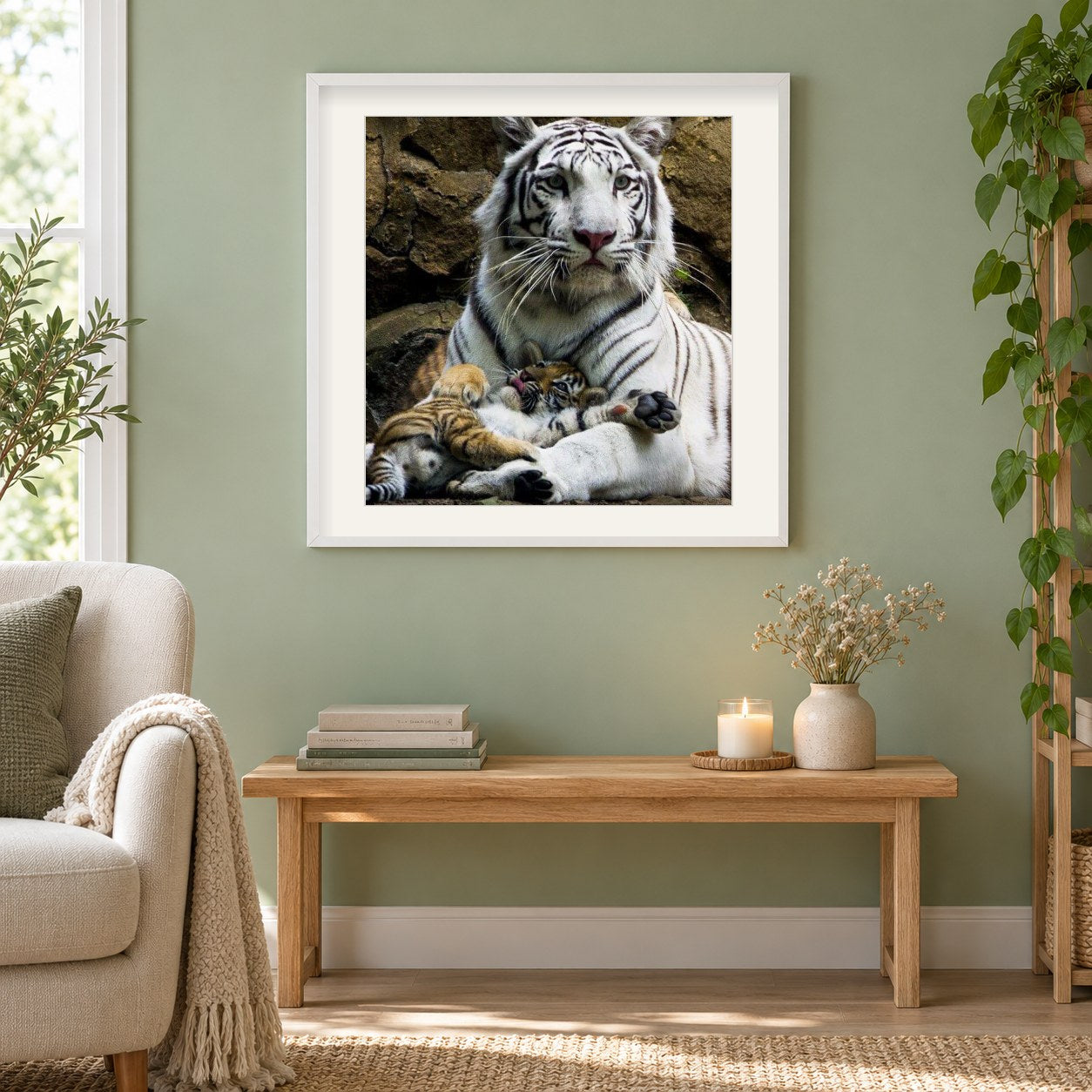 Weißer Tiger mit Jungtier als gerahmtes Diamond Painting im Wohnzimmer